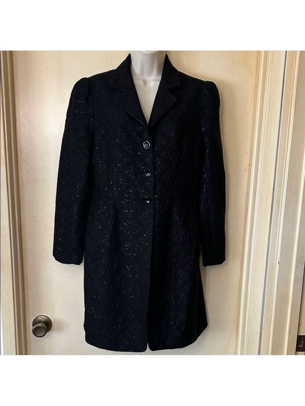 INC International Concepts Black Silk Textured Knee Length Blazer size 6